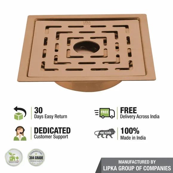 Lipka Orange Exclusive Square Flat Cut Floor Drain in Antique Copper PVD Coating (6 x 6 Inches) with Hole & Cockroach Trap 3