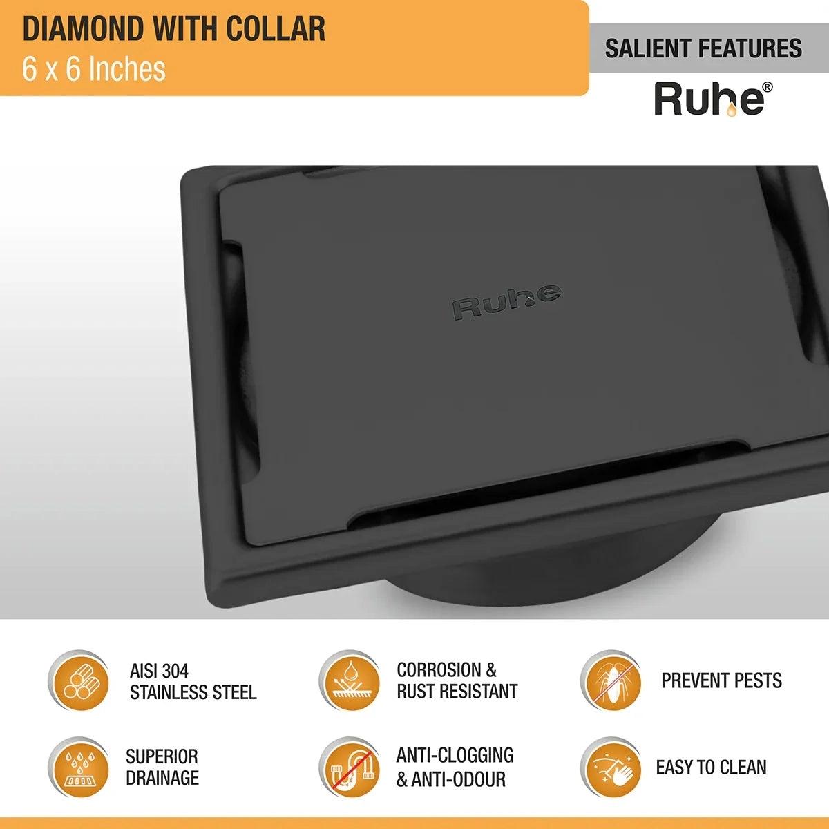 Ruhe Diamond Square 304-Grade Floor Drain in Black PVD Coating 6 x 6 Inches 2