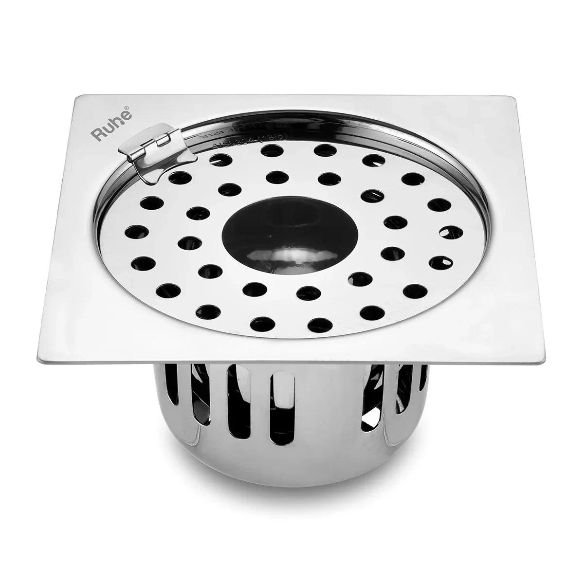 Ruhe Air Square Flat Cut 304-Grade Floor Drain with Hinge Hole and Cockroach Trap - 5 x 5 Inches