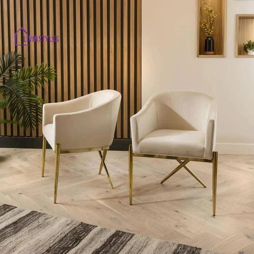 Livin Styles Marianna Dining Carver Chair Set of 2 Cream Velvet Curved Back on Gold Legs