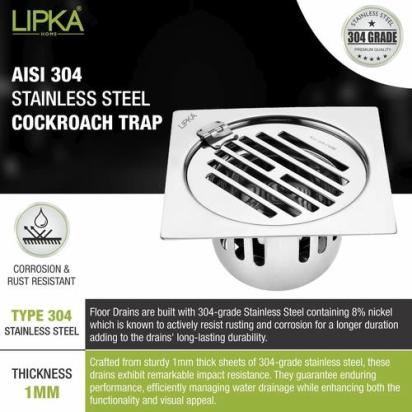Lipka Golden Classic Jali Square Flat Cut Floor Drain (5.5 x 5.5 Inches) with Hinge and Cockroach Trap 3