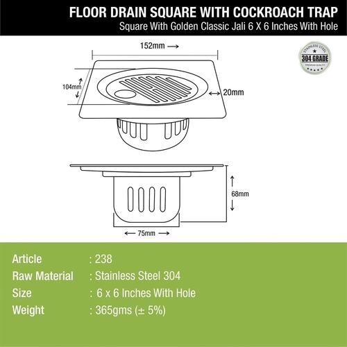 Lipka Golden Classic Jali Square Floor Drain (6 x 6 Inches) with Hole and Cockroach Trap 2