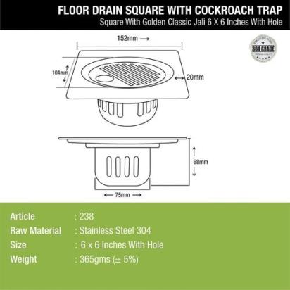 Lipka Golden Classic Jali Square Floor Drain (6 x 6 Inches) with Hole and Cockroach Trap 2
