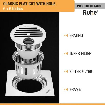 Ruhe Classic Square Flat Cut 304-Grade Floor Drain with Hole and Cockroach Trap - 6 x 6 Inches by Ruhe : Colours available: Silver 5 3