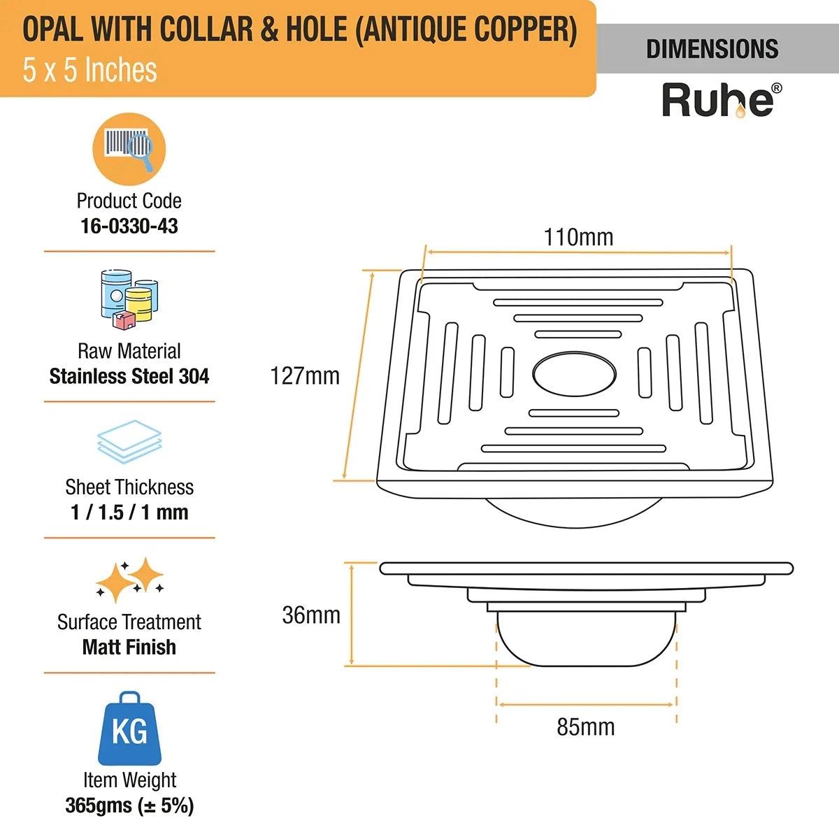 Ruhe Opal Square Flat Cut Floor Drain in Antique Copper PVD Coating 5 x 5 Inches with Hole 1