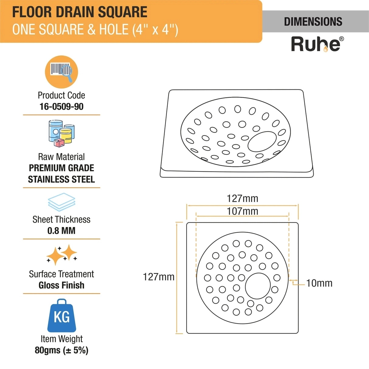 Ruhe One Square with Collar Floor Drain 4 x 4 inches by Ruhe 1 1