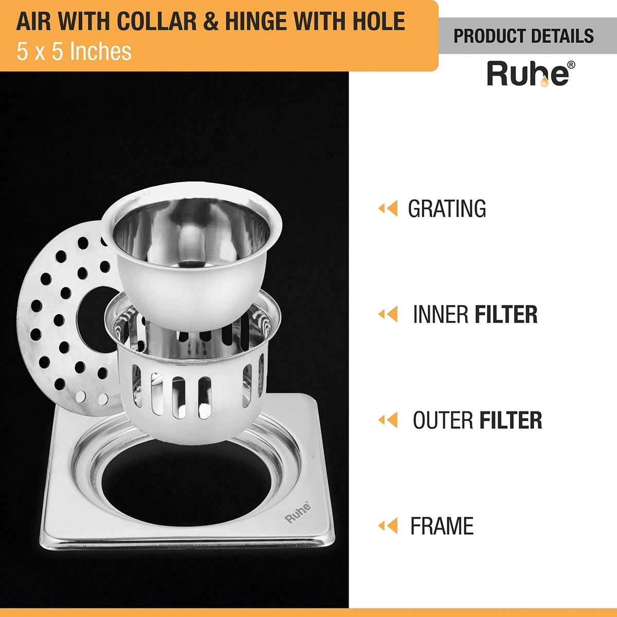 Ruhe Air Square 304-Grade Floor Drain with Collar Hinge Hole and Cockroach Trap - 5 x 5 Inches 3