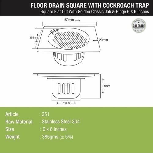 Lipka Golden Classic Jali Square Flat Cut Floor Drain (6 x 6 Inches) with Hinge and Cockroach Trap 1