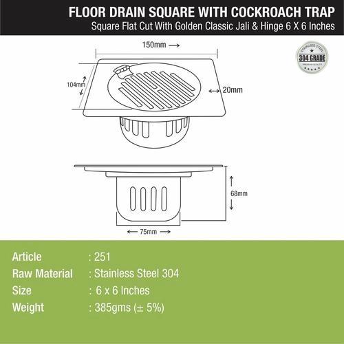 Lipka Golden Classic Jali Square Flat Cut Floor Drain (6 x 6 Inches) with Hinge and Cockroach Trap 1