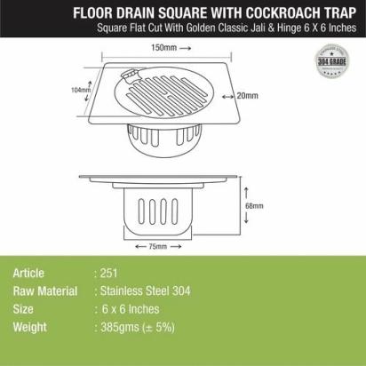 Lipka Golden Classic Jali Square Flat Cut Floor Drain (6 x 6 Inches) with Hinge and Cockroach Trap 1