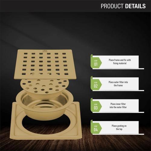 Lipka Red Exclusive Square Floor Drain in Yellow Gold PVD Coating (5 x 5 Inches) with Cockroach Trap 2