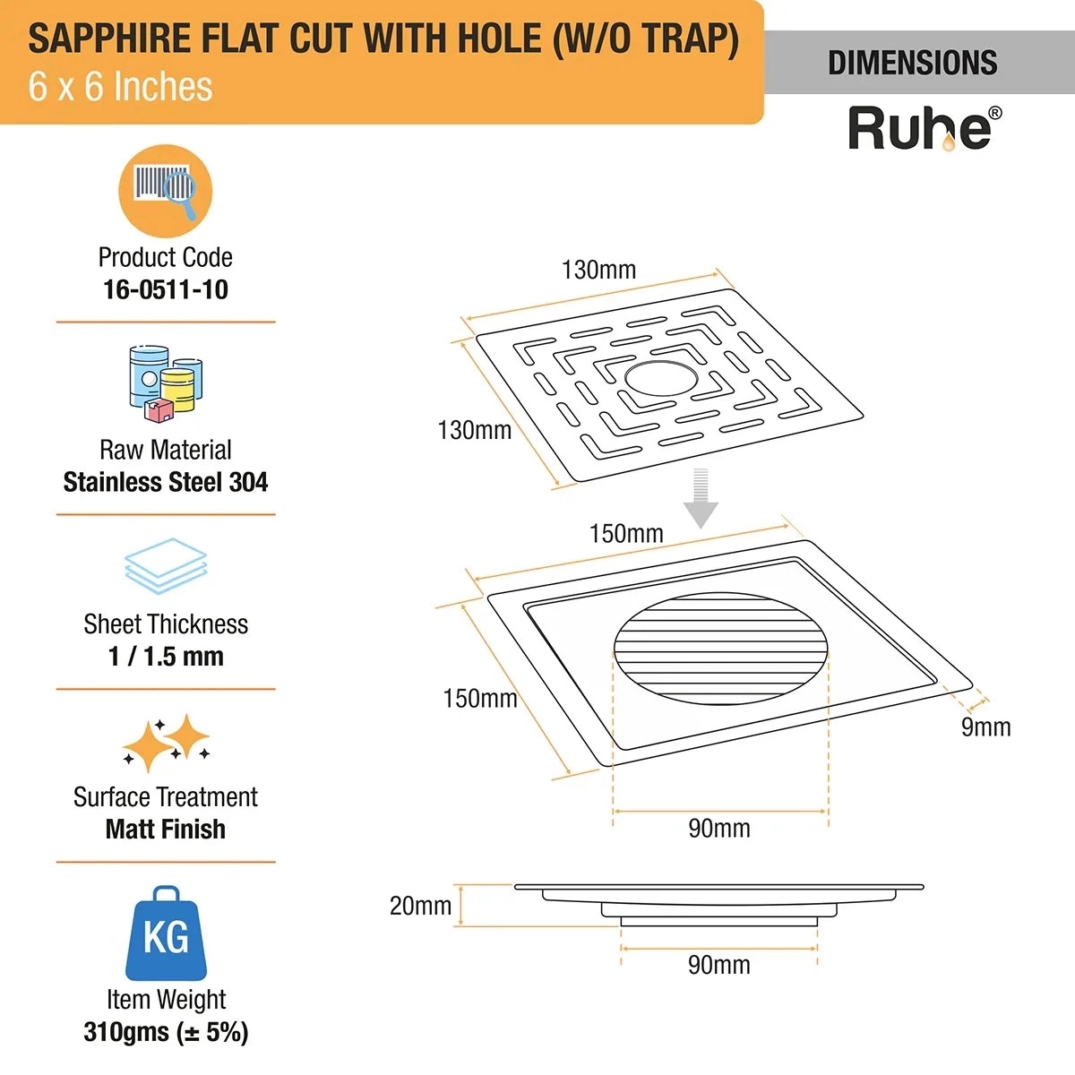 Ruhe Sapphire Square Flat Cut 304-Grade Floor Drain with Hole by Ruhe : Colours available: Silver 2 1