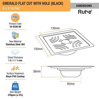 Ruhe Emerald Square Flat Cut Floor Drain in Black PVD Coating 6 x 6 Inches with Hole by Ruhe : Colours available: Black 1 2