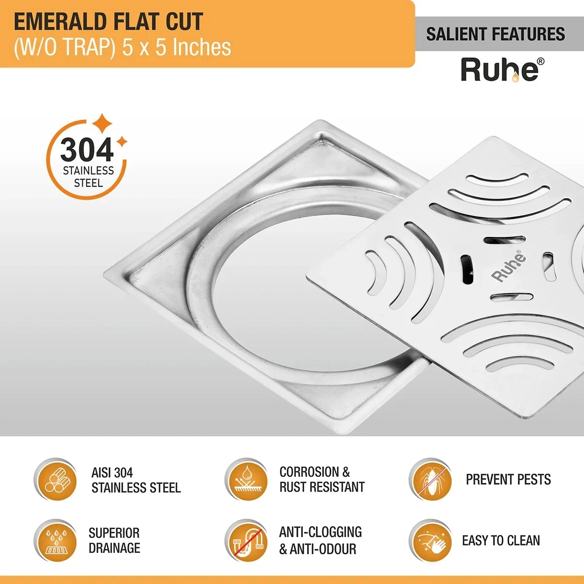 Ruhe Emerald Square Flat Cut 304 - Grade Floor Drain 5 x 5 Inches by Ruhe : Colours available: Silver 6 2