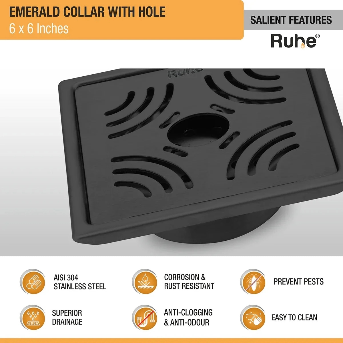 Ruhe Emerald Square 304-Grade Floor Drain in Black PVD Coating with Hole by Ruhe : Colours available: Black 2 2