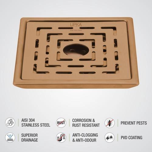 Lipka Orange Exclusive Square Floor Drain in Antique Copper PVD Coating (6 x 6 Inches) with Hole 2