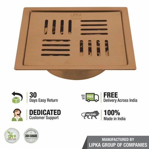 Lipka Pink Exclusive Square Flat Cut Floor Drain in Antique Copper PVD Coating (5 x 5 Inches) with Cockroach Trap 4