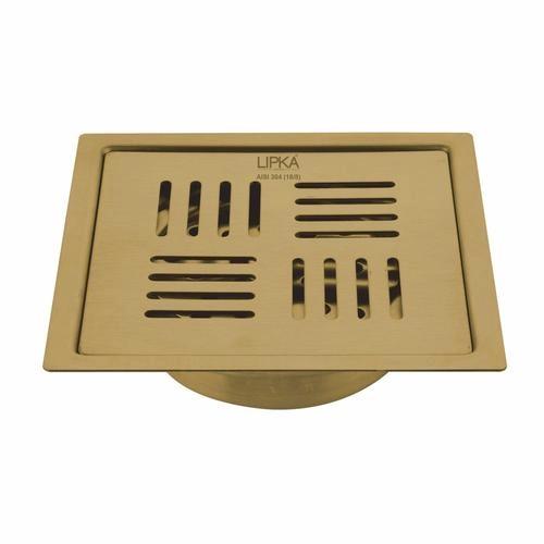 Lipka Pink Exclusive Square Flat Cut Floor Drain in Yellow Gold PVD Coating (5 x 5 Inches) with Cockroach Trap