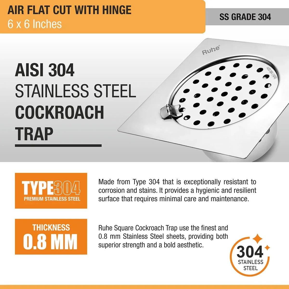 Ruhe Air Square Flat Cut 304 - Grade Floor Drain with Hinge And Cockroach Trap - 6 x 6 Inches 4