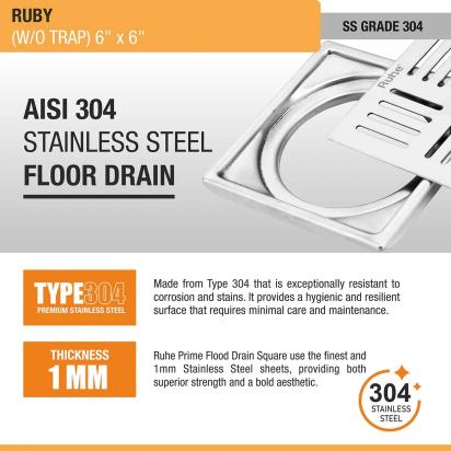 Ruhe Ruby Square 304 Grade Floor Drain 6 x 6 Inches by Ruhe : Colours available: Silver 6 4