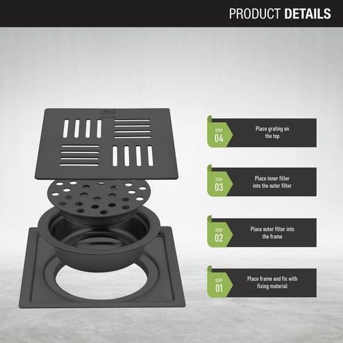 Lipka Pink Exclusive Square Flat Cut Floor Drain in Black PVD Coating (5 x 5 Inches) with Cockroach Trap 2