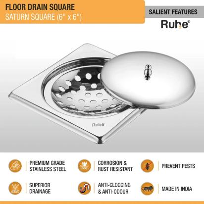 Ruhe Saturn Square Floor Drain with Lid - (6 x 6 Inches) by Ruhe : Colours available: Silver 3 1