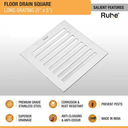 Ruhe Long Grating Floor Drain 5 x 5 Inches by Ruhe : Colours available: Silver 2 2