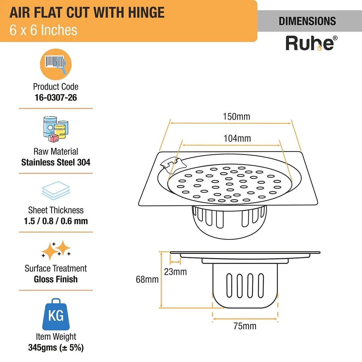 Ruhe Air Square Flat Cut 304 - Grade Floor Drain with Hinge And Cockroach Trap - 6 x 6 Inches 1