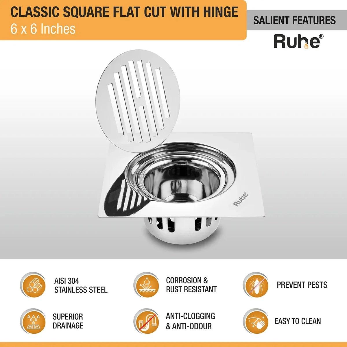 Ruhe Classic Square Flat Cut 304-Grade Floor Drain with Hinge and Cockroach Trap - 6 x 6 Inches 2