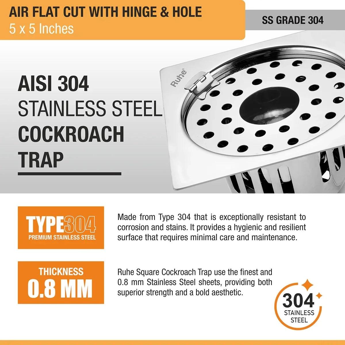 Ruhe Air Square Flat Cut 304-Grade Floor Drain with Hinge Hole and Cockroach Trap - 5 x 5 Inches 4
