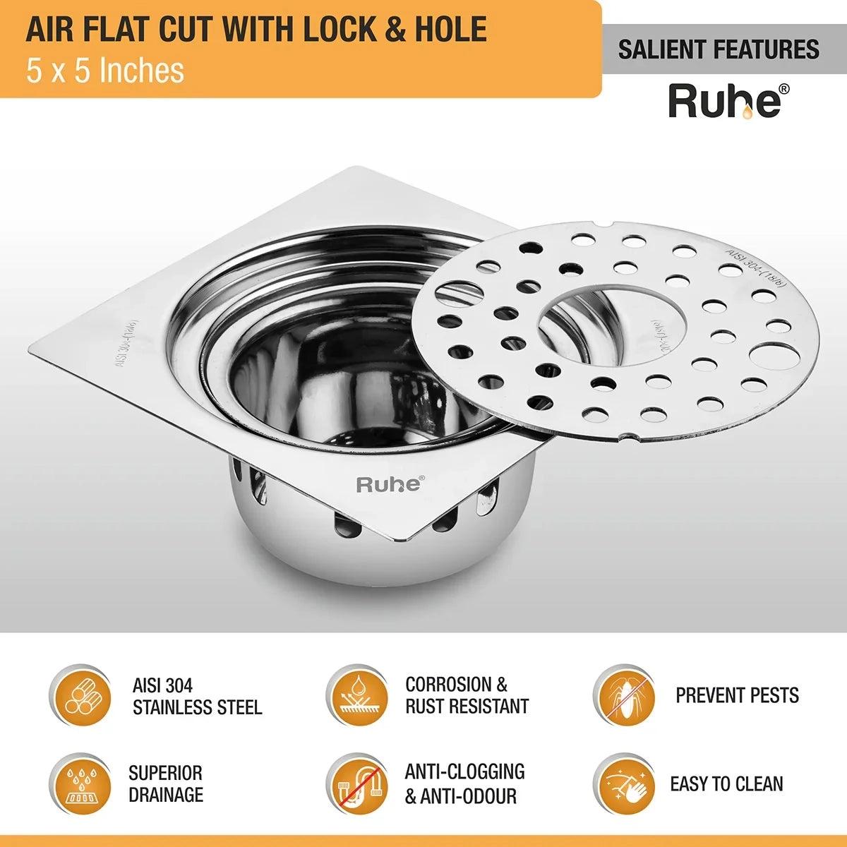 Ruhe Air Square Flat Cut 304-Grade Floor Drain with Lock Hole and Cockroach Trap 5 x 5 Inches 2