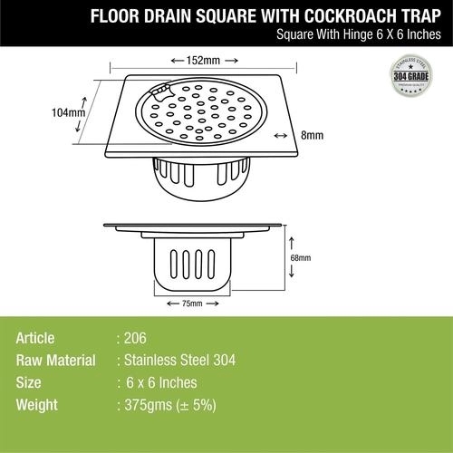 Lipka Square Floor Drain (6 x 6 Inches) with Hinge and Cockroach Trap 1
