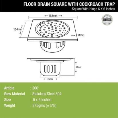 Lipka Square Floor Drain (6 x 6 Inches) with Hinge and Cockroach Trap 1