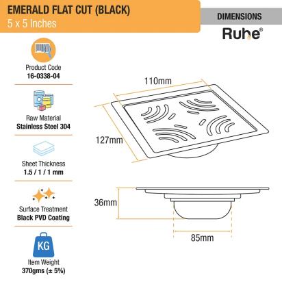 Ruhe Emerald Square Flat Cut Floor Drain in Black PVD Coating 5 x 5 Inches by Ruhe : Colours available: Black 1 1