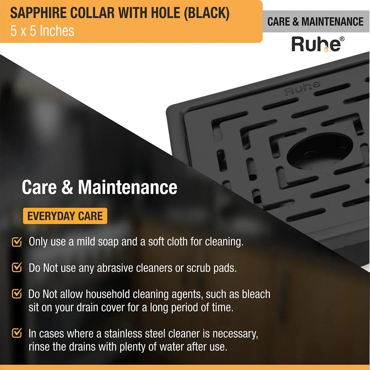 Ruhe Sapphire Square 304-Grade Floor Drain in Black PVD Coating - 5 x 5 inches by Ruhe : Colours available: Black 6 5