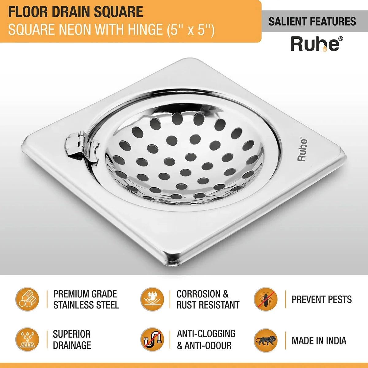 Ruhe Square Neon Floor Drain - 5 x 5 Inches With Hinged Grating Top 2