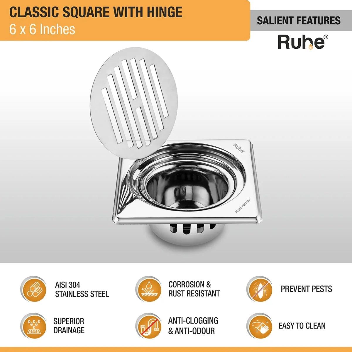 Ruhe Classic Square 304 - Grade Floor Drain with Collar Hinge And Cockroach Trap - 6 x 6 Inches 2