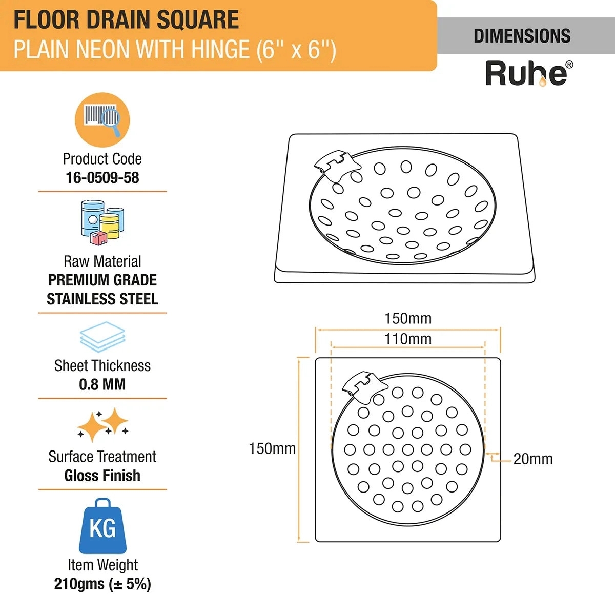 Ruhe Plain Neon Square Floor Drain with Hinged Grating Top by Ruhe : Colours available: Silver 1 1