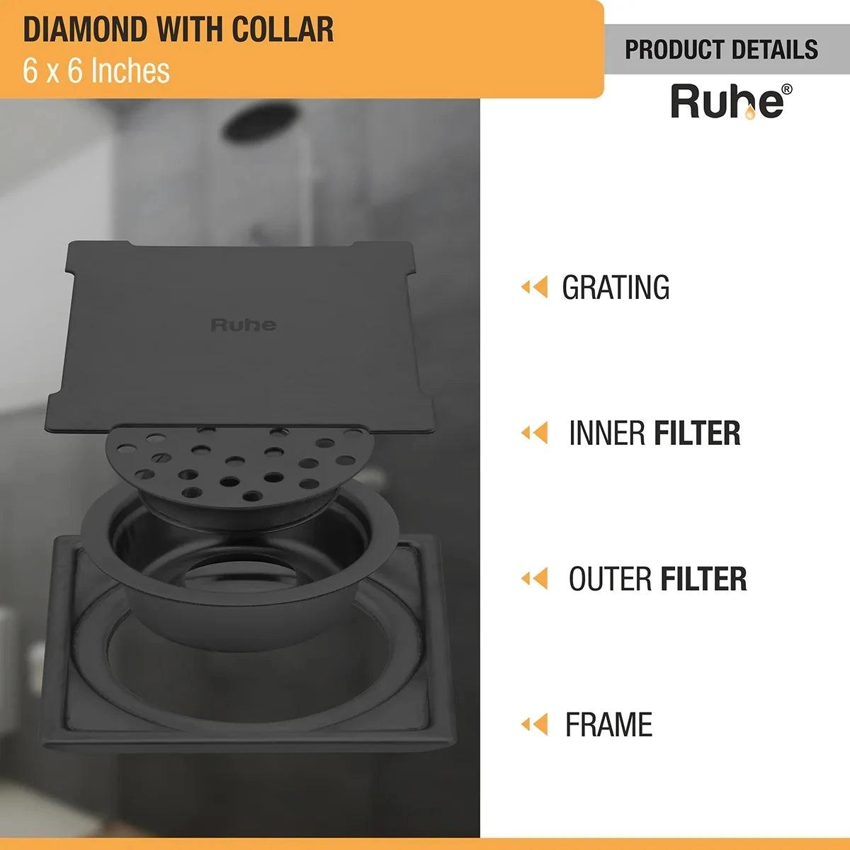 Ruhe Diamond Square 304-Grade Floor Drain in Black PVD Coating 6 x 6 Inches 3