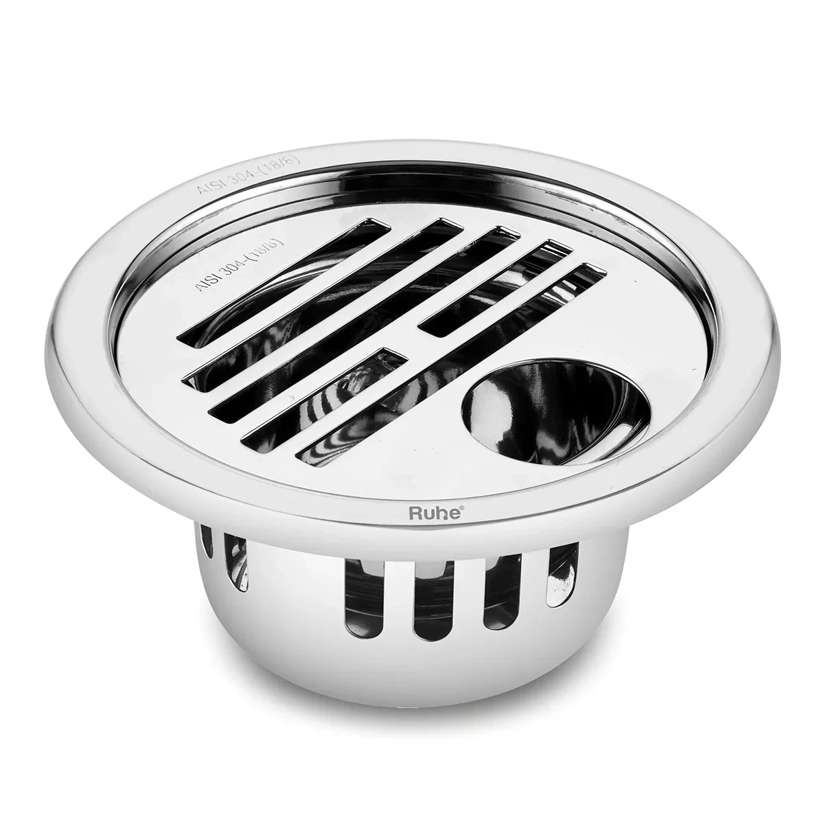 Ruhe Classic Round 304-Grade Floor Drain with Collar Hole and Cockroach Trap by Ruhe : Colours available: Silver