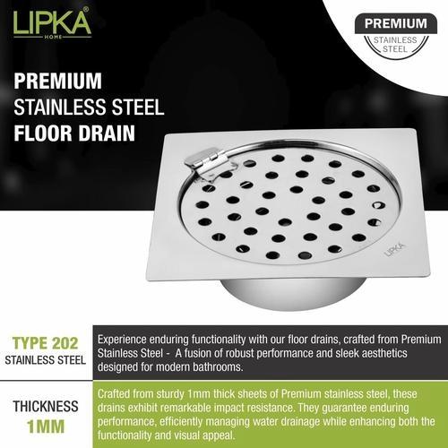 Lipka Super Sleek Square Flat Cut Floor Drain (5 x 5 Inches) with Hinge and Cockroach Trap 4
