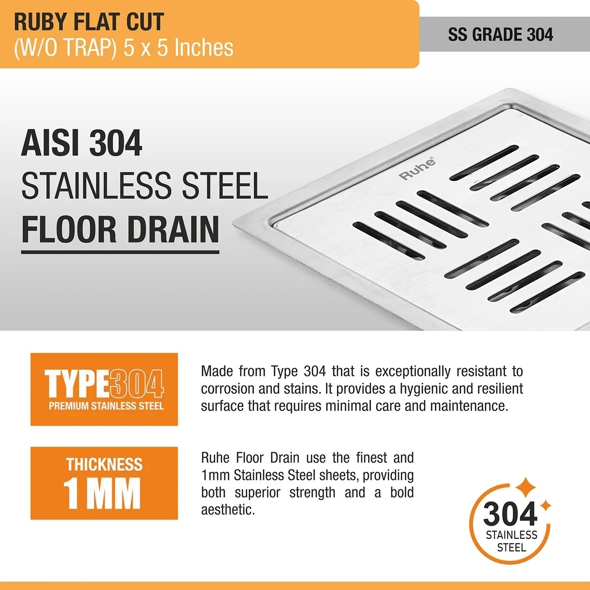 Ruby Square Flat Cut 304-Grade Floor Drain 5 x 5 Inches by Ruhe : Colours available: Silver 6 4