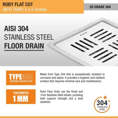 Ruby Square Flat Cut 304-Grade Floor Drain 5 x 5 Inches by Ruhe : Colours available: Silver 6 4