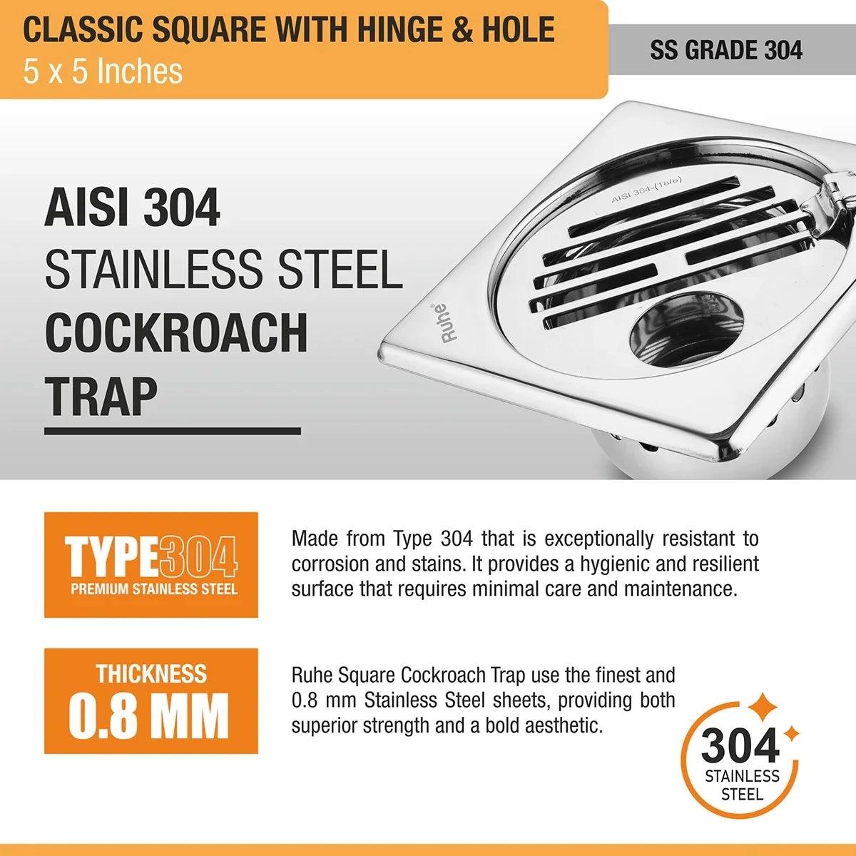 Ruhe Classic Square 304-Grade Floor Drain with Collar Hinge Hole and Cockroach Trap 5 x 5 Inches 4