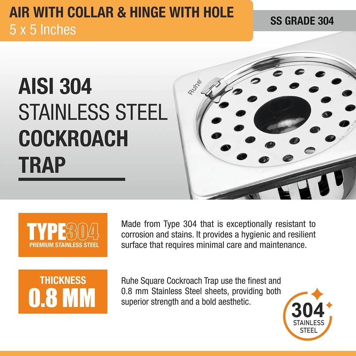 Ruhe Air Square 304-Grade Floor Drain with Collar Hinge Hole and Cockroach Trap - 5 x 5 Inches 4