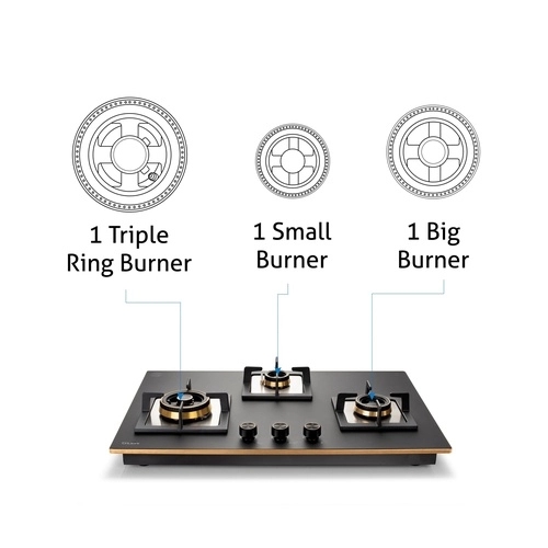 Glen 3 Burner Glass Hob Top Triple Ring Burner Total Brass Burners Auto Ignition (1073XLCIHTTTRMG) 3