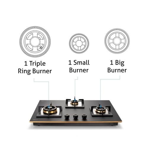 Glen 3 Burner Glass Hob Top Triple Ring Burner Total Brass Burners Auto Ignition (1073XLCIHTTTRMG) 3