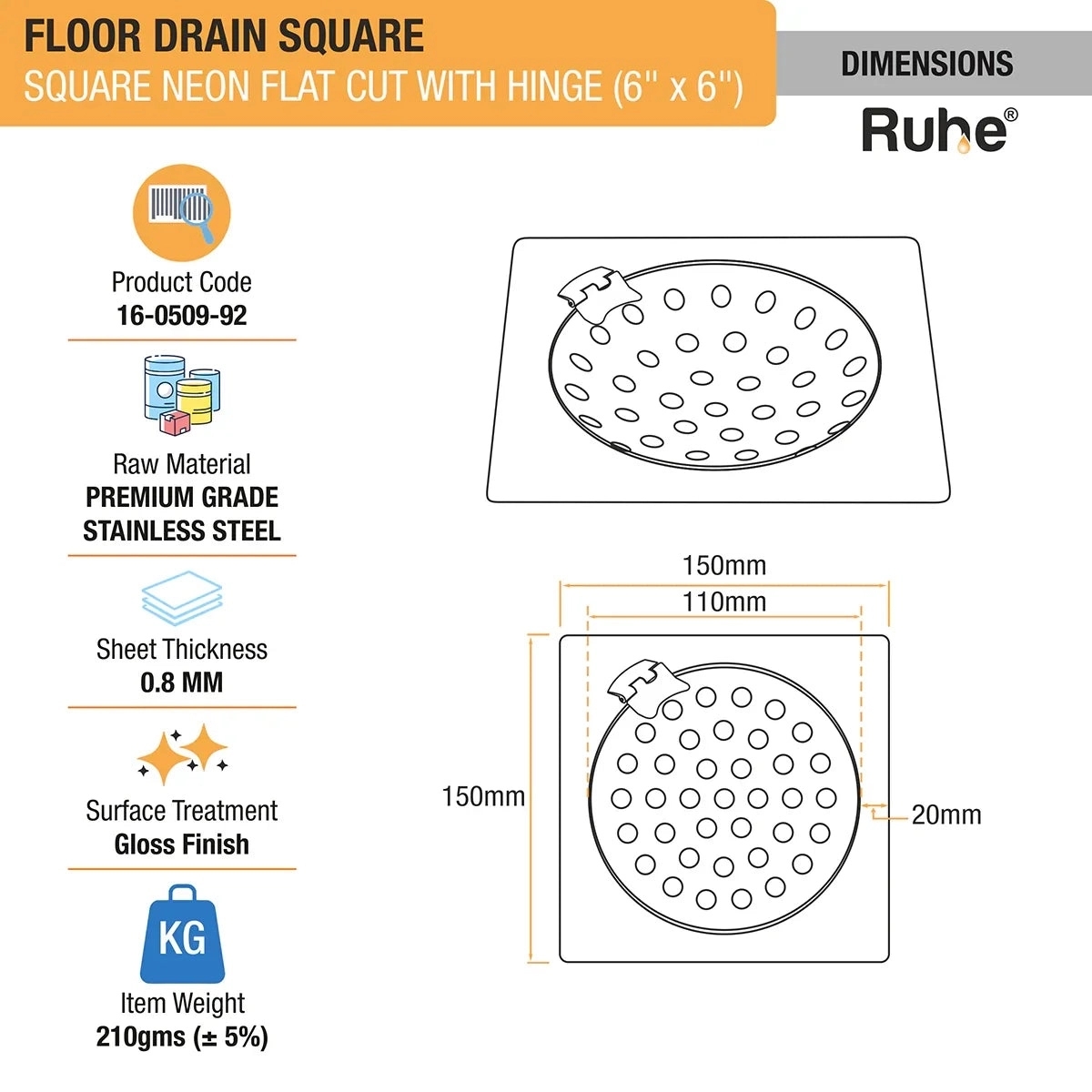 Ruhe Neon Square Flat Cut Floor Drain 6 x 6 inches With Hinged Grating Top by Ruhe : Colours available: Silver 1 1