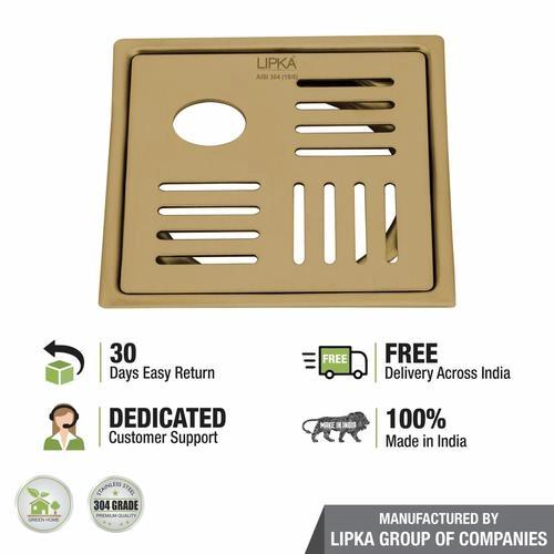 Lipka Pink Exclusive Square Flat Cut Floor Drain in Yellow Gold PVD Coating (6 x 6 Inches) with Hole 3