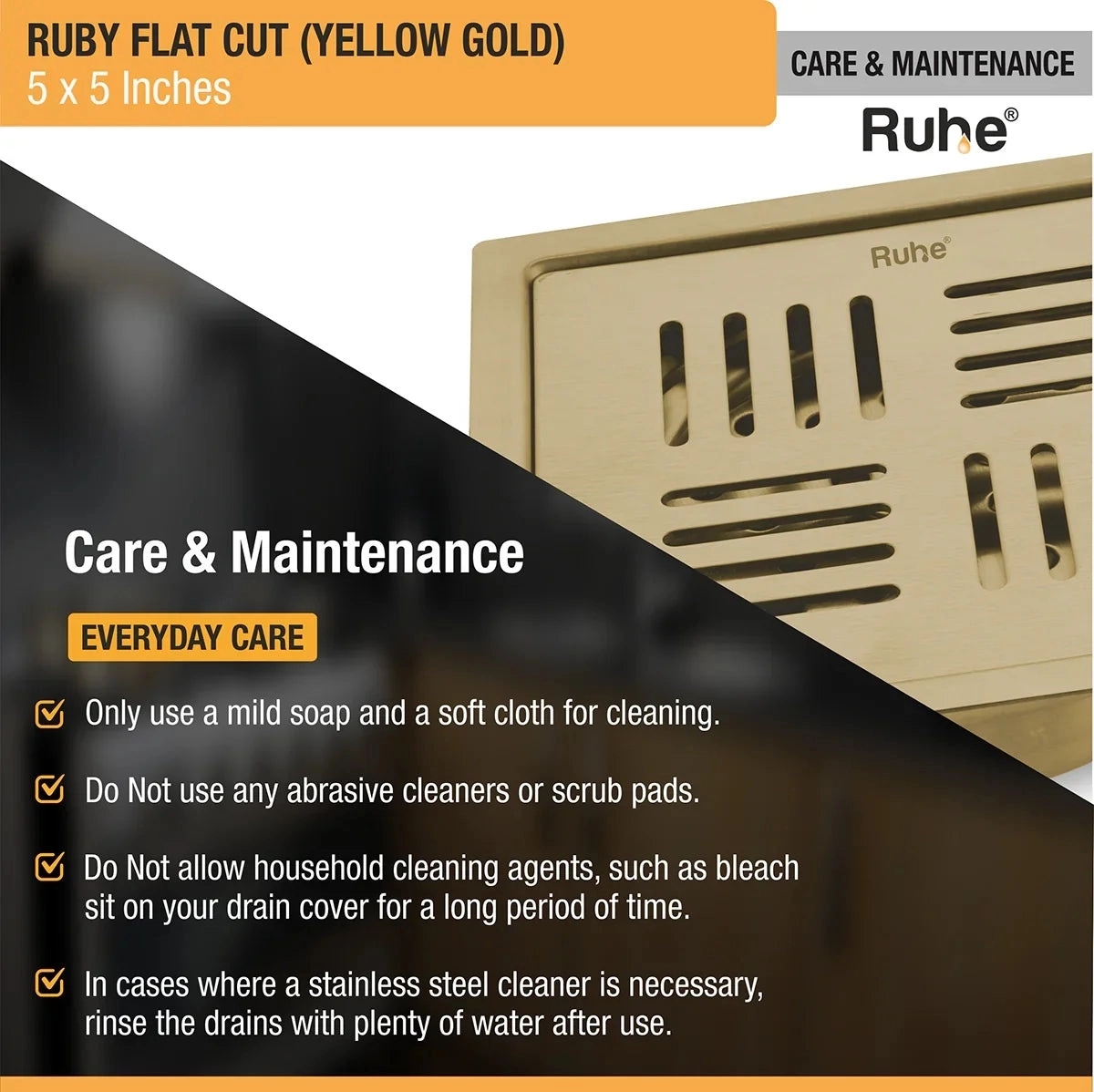 Ruhe Ruby Square Flat Cut Floor Drain in Yellow Gold PVD Coating - 5 x 5 Inches by Ruhe : Colours available: Gold 5 5